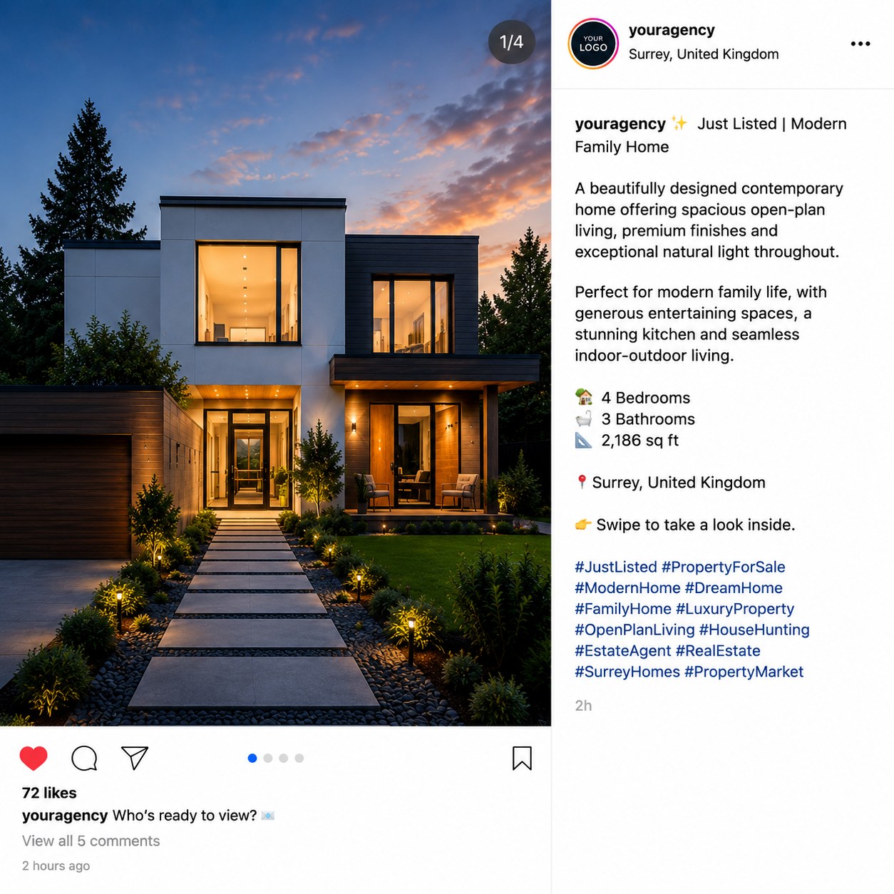 Instagram carousel post generated by Dappiehub for a property listing, including caption, hashtags and swipeable photo slides