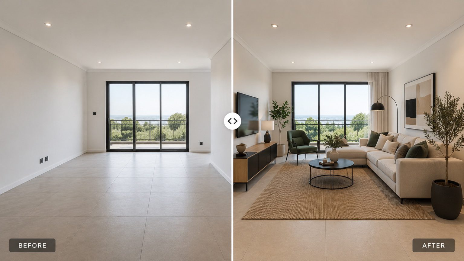 Virtual staging by Dappiehub — the same living room shown empty on the left and furnished and styled on the right