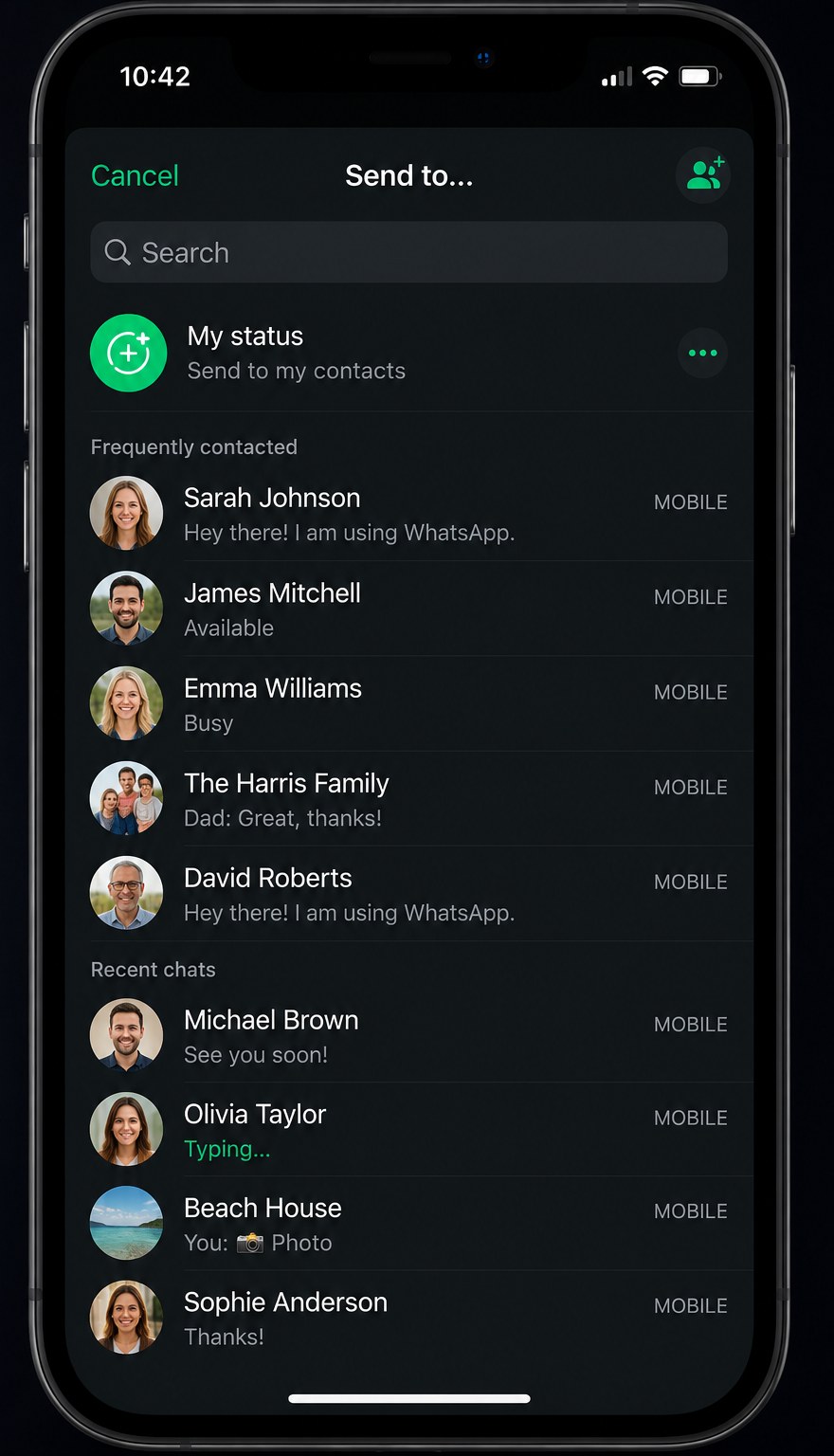 Choosing a contact to send the listing to in WhatsApp