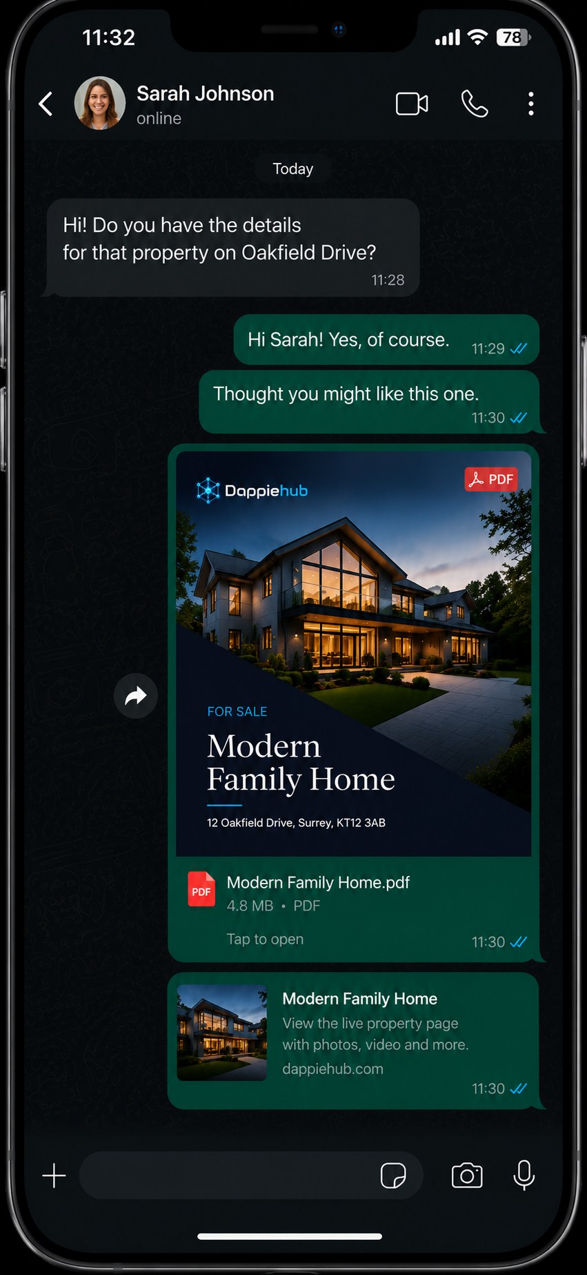 Brochure and live property page link delivered in a WhatsApp chat